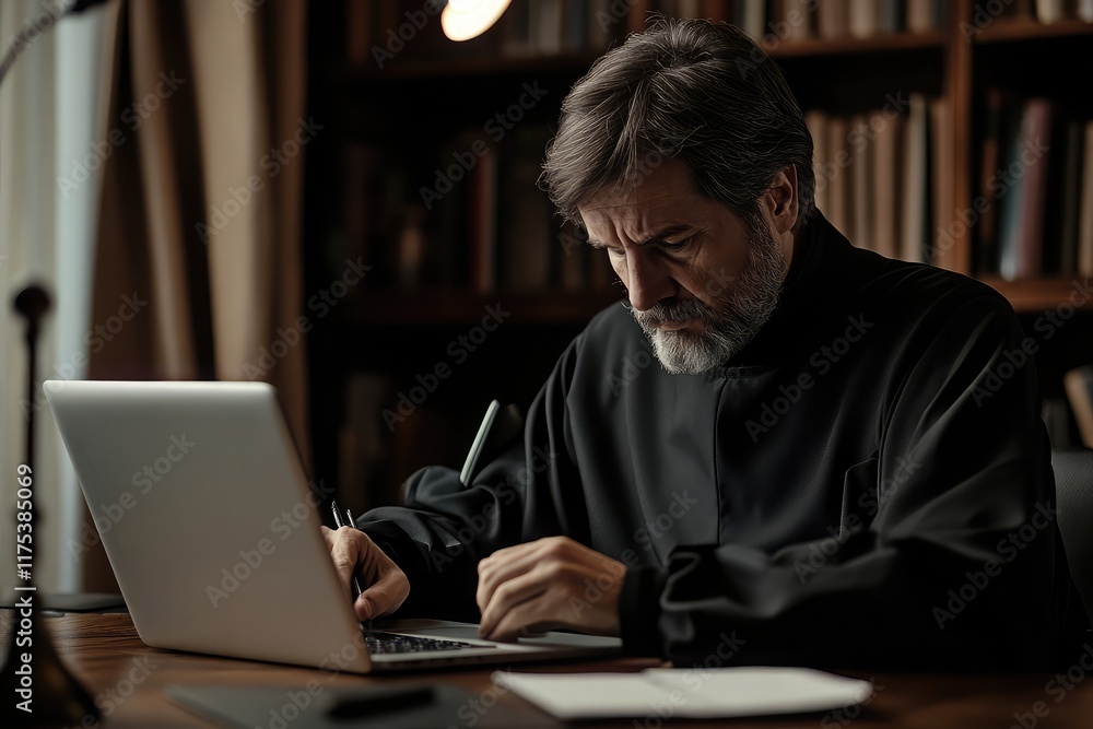 Poster professional educator preparing for an online lecture, using a laptop and taking notes at a modern d