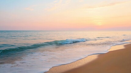 Obraz premium Serene Sunset Beach: Peaceful Ocean Waves at Golden Hour