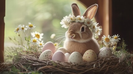 A rabbit is sitting in a nest of eggs with a flower crown on its head