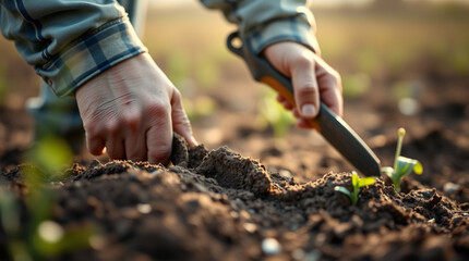 A farmer's hands tending to fresh green seedlings in nutrient-rich soil, symbolizing growth and sustainability.