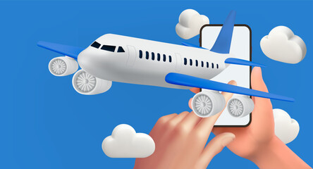 Airplane flying in clouds for travel. blue background for summer travel advertising design . Realistic 3d design of Travel concept in cartoon minimal style