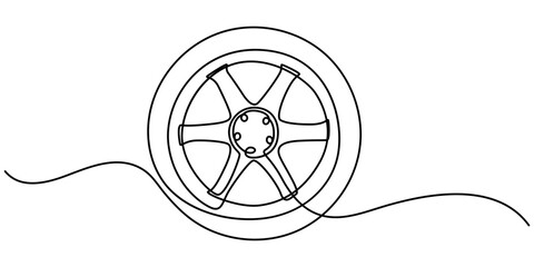 continuous drawing of a car tire in one line. vector, One continuous line illustration of a car wheel, isolated on white background. Line art of car wheel. Tire Hand Drawn Icon, Doodle Style Vector. 
