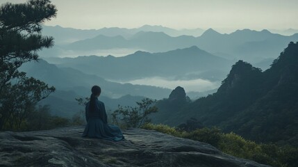 Serene Mountaintop Meditation: A Woman Finds Peace Amidst Misty Peaks