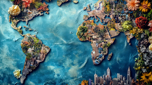 Nature and urban harmony world map for Earth day celebration. Horizontal banner. Copy space. Travel and education concept