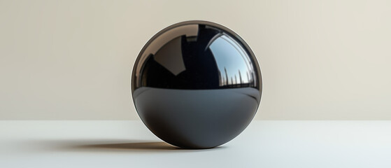 A perfect black metallic sphere with reflective surface photographed against minimalist white and beige background, demonstrating light reflection and shadow. Generative AI.