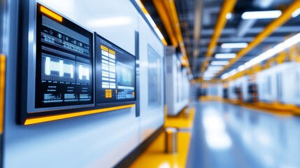 Control panel in an industrial setting with illuminated displays and a sleek design.