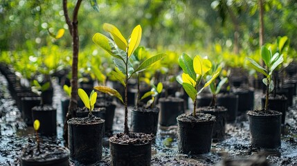 Young mangrove seedlings in nursery, reforestation project.