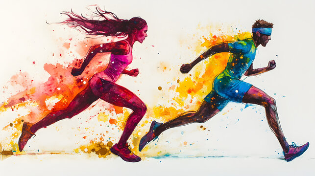 Dynamic Watercolor Representation of a Man and Woman Sprinting in Bright Athletic Wear on a White Background