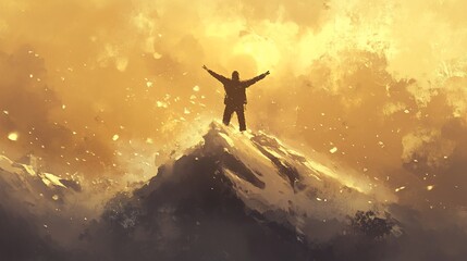 Triumphant Ascent: A lone figure stands victoriously atop a snow-capped mountain peak, arms outstretched, against a radiant golden sky.