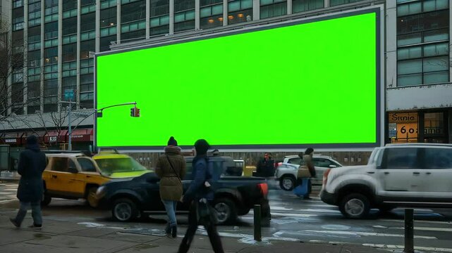 Green Screen Billboard on Urban Street with Pedestrians Passing By, business concept