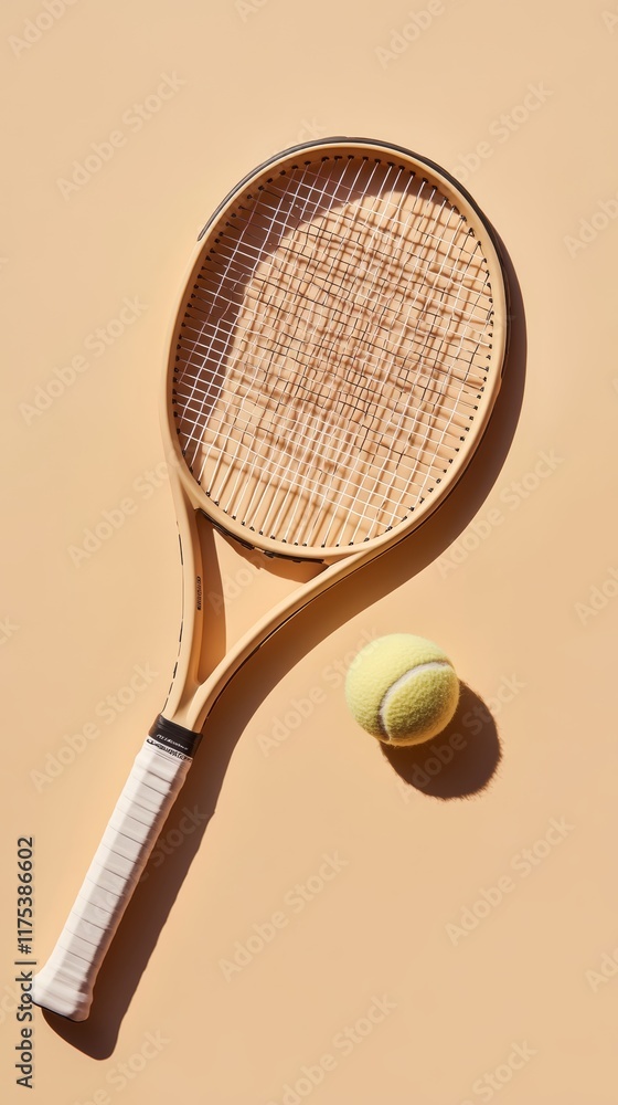 Aufkleber tennis racket and ball are lying on a beige background, creating a minimalist and stylish compositio