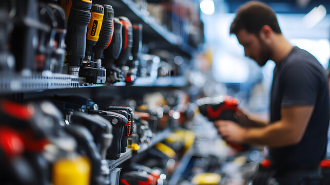 Captivating Moment of a Man Examining Power Tools in a Pawn Shop with Detailed Display of Equipment