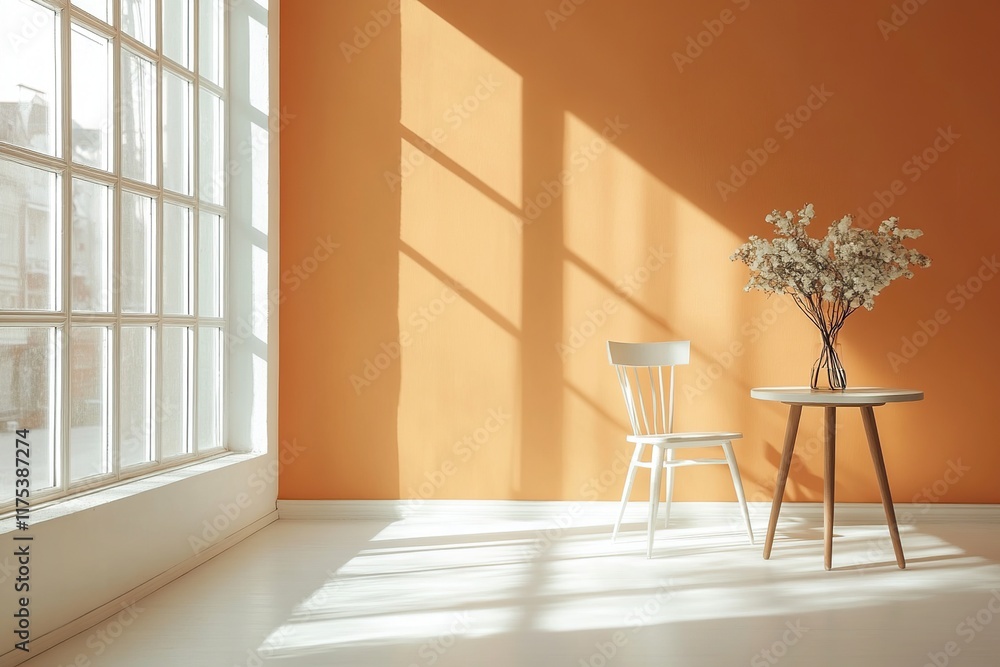 Poster sunlight streams through window illuminating room with chair and flowers, creating a serene atmosphe