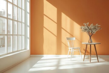 Sunlight Streams Through Window Illuminating Room with Chair and Flowers, Creating a Serene Atmosphere.