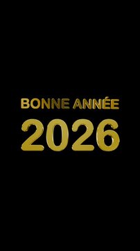 Vertical animation of  Happy New Year 2026 (Bonne Ann&eacute;e) wishes in French, with 3D golden text illuminated by light rays. Confetti flies across the black background, creating a festive atmosphere 