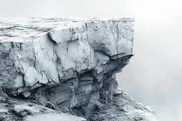 A majestic icy cliff overlooking a foggy landscape