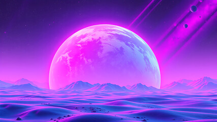 Planet surface with a pink and purple 80s style neon look synthwave. Generative AI