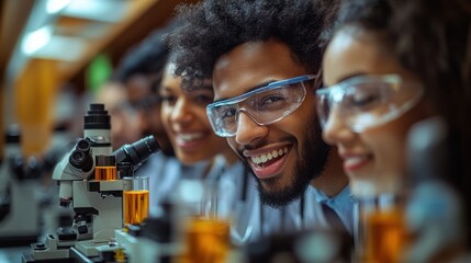 A diverse group of students engaged in scientific experiments using microscopes in a lab setting.