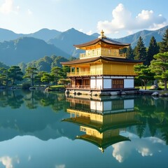 Gold and white building reflected in serene lake, amritsar, golden architecture