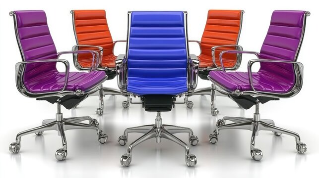Five colorful office chairs encircle a central blue chair. Ideal for depicting leadership, meetings, or decision-making.