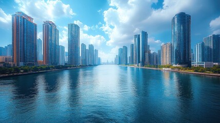 Fototapeta premium Calm river reflecting skyscrapers under a bright sky.
