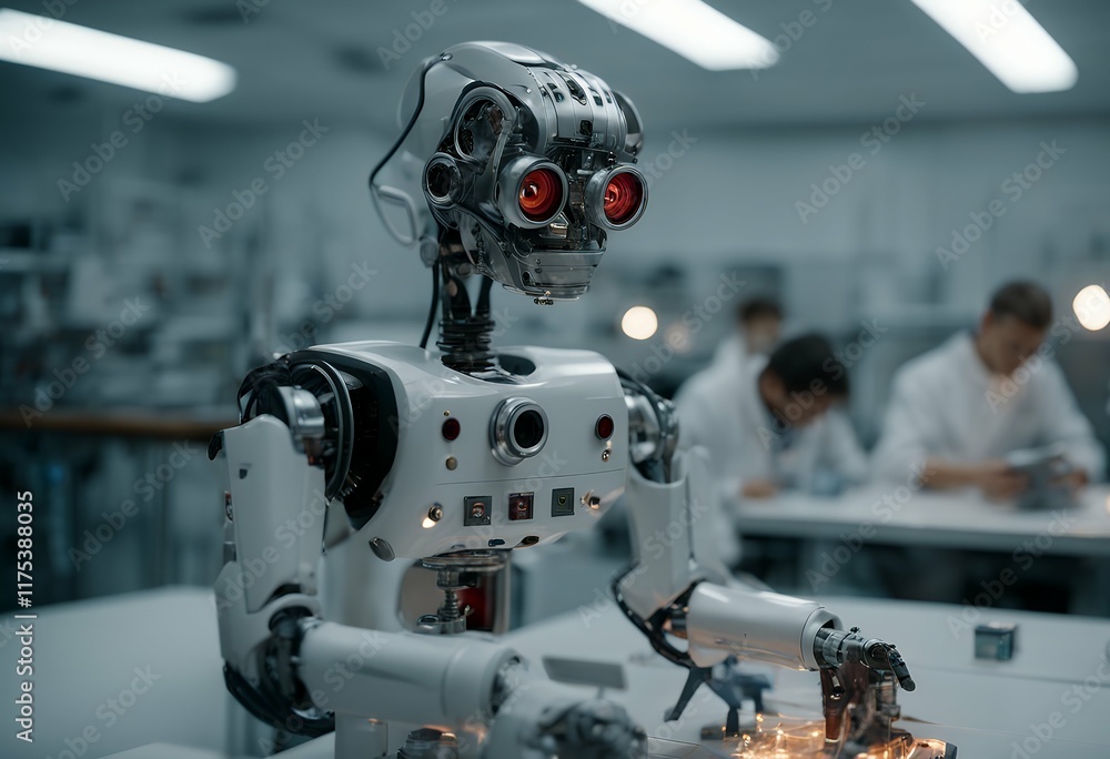 Poster assists scientists tech high gleaming eyes intellige windup robot laboratory