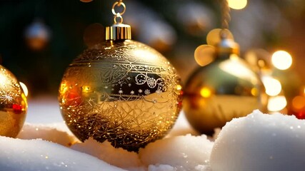 snow golden baubles christmas lights vintage christmas vintage bauble greeting card group snow red sphere ball gold decoration row merry christmas holiday retro background ornament copy space - Powered by Adobe