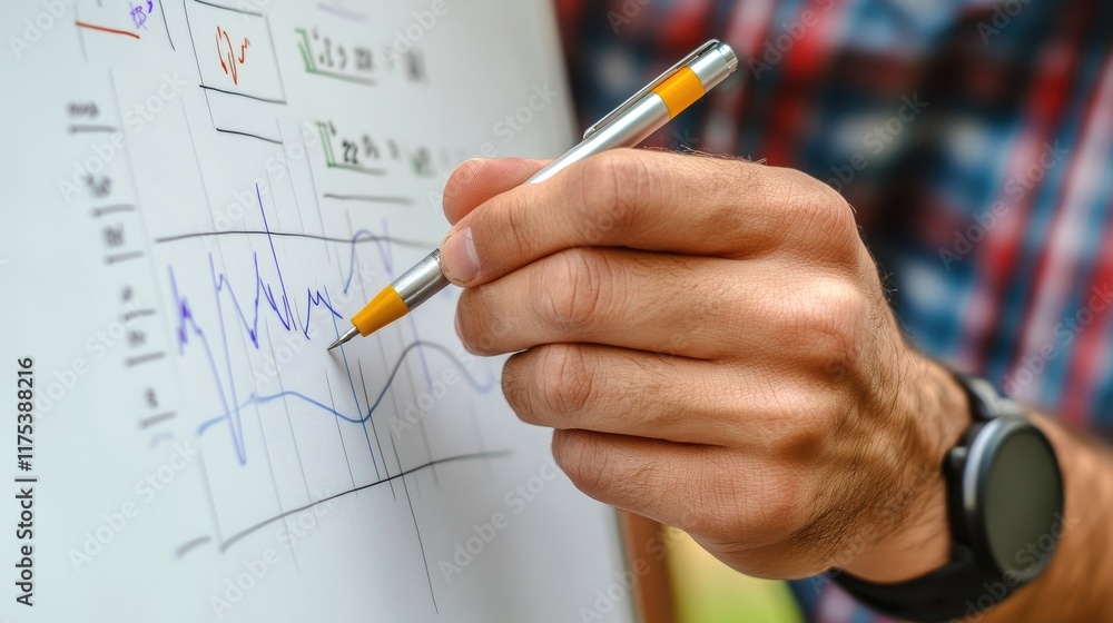 Poster a hand analyzes a line graph depicting data fluctuations using a pen. this image suits applications 