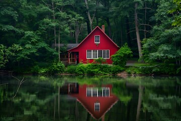 Obraz premium Beautiful autumn landscape with red house on the shore of the lake