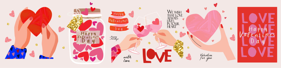 Happy Valentine's Day. Icons and objects. Vector cute modern isolated illustration of heart, jar with valentines, hand with glass, hands holding heart, logo, love, text