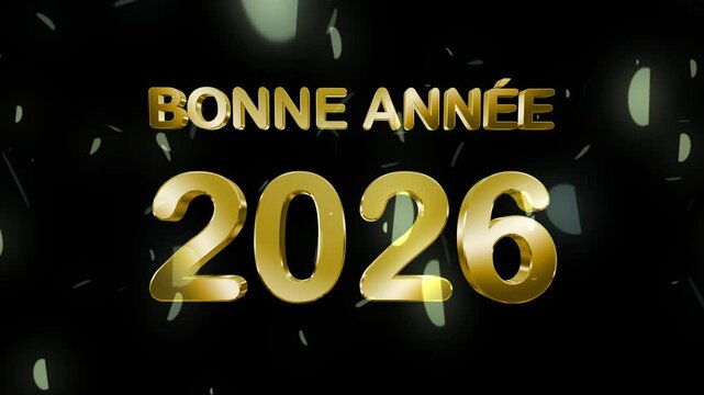 Happy New Year 2026 (Bonne Année) wishes animation in French, with 3D golden text illuminated by light rays. Confetti flies across the black background, creating an elegant and festive atmosphere.