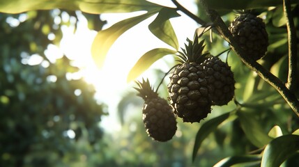 Sunlit Tropical Pineapples: A Burst of Golden Sunlight Illuminates Ripe Pineapples Hanging on a Lush Green Tree, Capturing the Essence of a Vibrant Tropical Paradise.