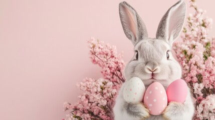 Obraz premium Adorable bunny holding pastel Easter eggs, nestled in pink blossoms. Happy Easter!