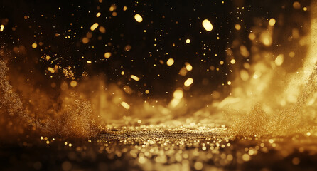 Naklejka premium A golden stage with lights shining on the ground, creating an atmosphere of gold particles and glow effects