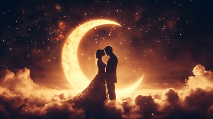 Obraz premium Romantic Couple Silhouette Under a Crescent Moon and Starry Night Sky