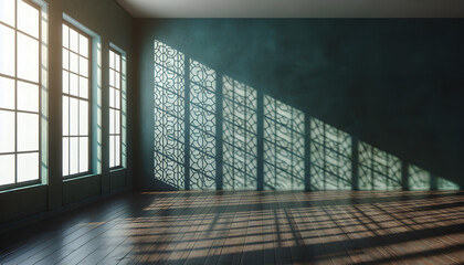 Sunlit Empty Room with Green Wall and Wooden Floor