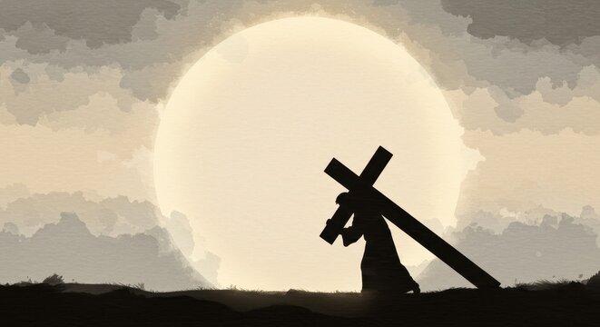 A minimalist watercolor image of Jesus carrying the cross silhouetted against a large glowing circular backdrop