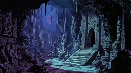 Obraz premium A crumbling temple deep in a jungle, with eerie statues and glowing glyphs illustration, dark fantasy, 1970s