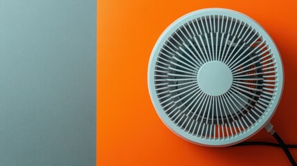 A modern, portable fan heater on a gradient orange and gray background, compact and efficient