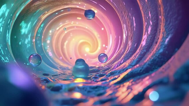 A swirl of colorful spheres with a drop of water in the middle. The water droplet is surrounded by the other spheres, creating a sense of movement and fluidity. Scene is one of playfulness and whimsy