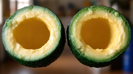 Two Halved Avocados with Removed Pits, Ready for Filling