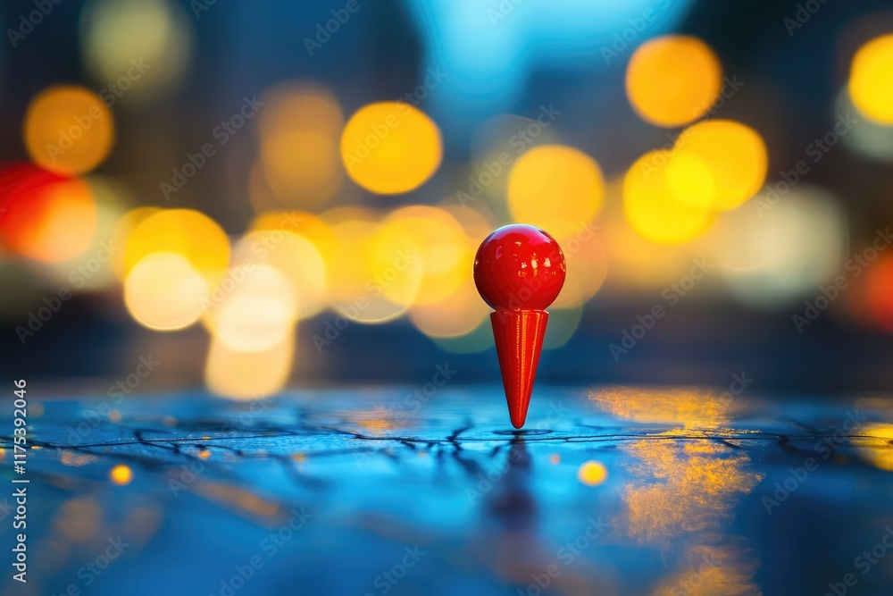 Poster red pushpin on a map with blurred streets and lights, symbolizing navigation and location tracking