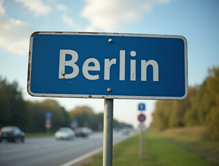 Scenic view of berlin road sign on a highway with blurred traffic and lush greenery in the background on a clear day