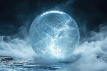 crystal orb surrounded by swirling mist glowing faintly against a backdrop of deep indigo shadows play mysteriously creating an air of intrigue and mysticism