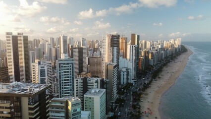 Vue aérienne panoramique de Recife avec la plage au couché de soleil, Pina, Boa Viagem, Jaboatão...