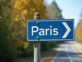 Clear Blue Road Sign Pointing to Paris with a Bold White Arrow, Set Against a Scenic Autumn Countryside Road Lined with Golden Trees, Ideal for Travel, Adventure, and European Journey Themes