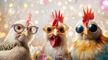 Fototapeta premium Three chickens in stylish specs, a bokeh backdrop. Festive, fun!