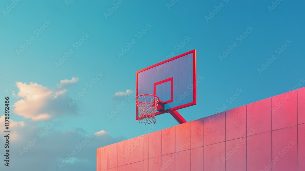 Poster surreal sports scene with a red basketball hoop rising above a pink wall under a serene blue sky wit