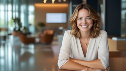 Professional woman in business attire, horizontal, for corporate recruitment, business consulting, leadership training and professional development content. career services and workplace success promo