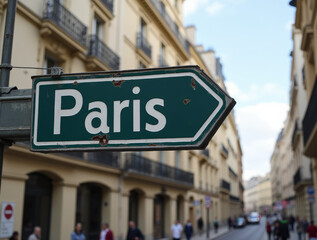 Directional street sign pointing towards paris in a picturesque european cityscape with classic architecture and pedestrian activity